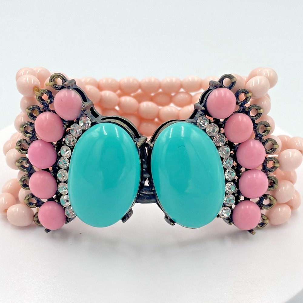 Vintage Multi Strand Pink Turquoise Tone Bead Stretch Bracelet Statement Chunky